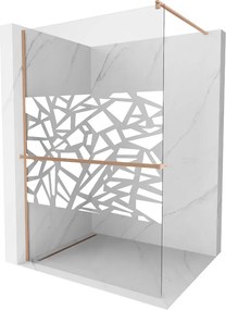 Mexen Kioto+, sprchová zástena Walk-In s poličkou a vešiakom 100 x 200 cm, 8mm číre sklo biely vzor, medený matný profil, 800-100-121-65-85