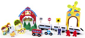 ECOTOYS Drevená vláčiková dráha Farma na batérie, 53 dielov