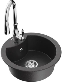 Mexen Diego, 1-komorový granitový drez 488x488x167 mm a drezová batéria Savita, čierna škvrtnitá, 6512-76-672601-00