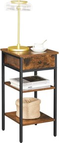 Nočný stolík, vysoký príručný stolík, s 1 zásuvkou a 2 policami, rustikálny hnedý