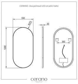 Cerano Valto, LED kúpeľňové zrkadlo 55x100 cm, kovový rám, čierna matná, CER-CER-NT8144D-55X100