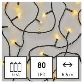 LED vianočná reťaz, 5,6 m, 3x AA, vonkajšia aj vnútorná, teplá biela, časovač
