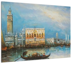 Sklenený obraz - Gondola prechádzajúca Benátkami, olejomaľba (70x50 cm)