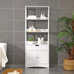 VASAGLE Vysoká skrinka BBC67WT – biela, 3 otvorené priehradky, zásuvka a dvierka