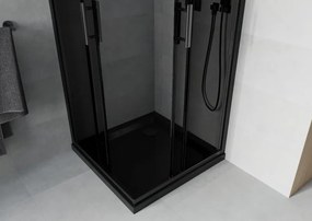 Mexen Rio, štvorcový sprchovací kút s posuvnými dverami 90(dvere) x 90(dvere) x 190 cm, 6mm šedé sklo, čierny profil + čierna sprchová vanička SLIM, 860-090-090-70-40-4070B