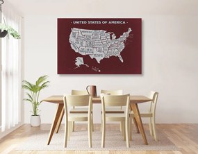 Obraz náučná mapa USA s bordovým pozadím Varianta: 90x60