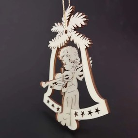AMADEA Drevená ozdoba 3D zvonček - anjel s husľami 9 cm