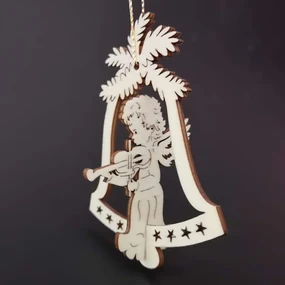 AMADEA Drevená ozdoba 3D zvonček - anjel s husľami 9 cm