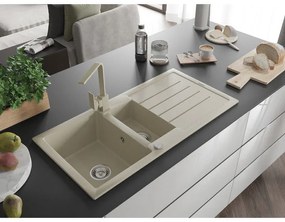 Mexen Andres, granitový drez 1000x500x200 mm, 1,5-komorový, béžová s chrómovým sifónom a béžová drezová batéria Rita, 6515-69-670300-69