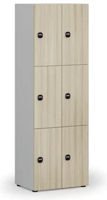Drevená šatníková skrinka s úložnými boxmi, 6 boxov, RFID zámok, sivá/dub prírodný