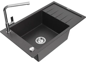 Mexen Elias, 1-komorový granitový drez 795x480x200 mm a drezová batéria Flora, čierna škvrnitá, 6511-76-670401-00