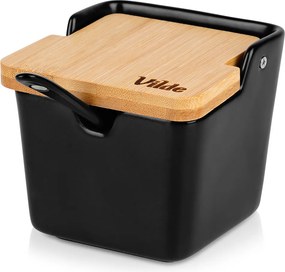 VILDE 2. akosť - Čierna keramická cukornička /soľnička s bambusovým viečkom a lyžičkou, 250ml VILDE, hranatá