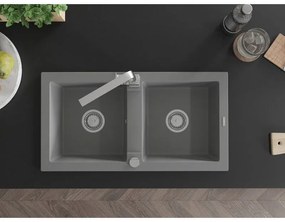 Mexen Mario, granitový drez 820x436x161 mm, 2-komorový, šedá s chrómovým sifónom a chrómová drezová batéria Rita, 6504-71-670300-00