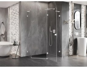 Mexen Lunar, L pravý výklopný päťuholníkový sprchový kút 100 x 90 cm, 8mm číre sklo, biely profil, 831L-100P-090L-20-00-P