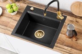 Invena Tesalia, 1-komorový granitový drez 440x480x160 mm a zlatý sifón, INV-AZ-01-Z41-B