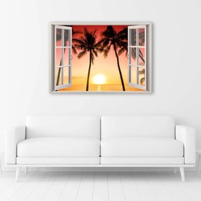 Obraz na plátně Výhled z okna na palmy při západu slunce - 100x70 cm