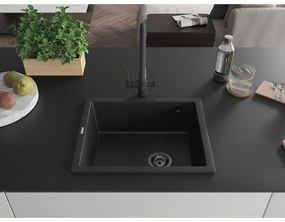 Mexen Pedro, granitový drez 560x460x200 mm, 1-komorový, čierna s čiernym sifónom, 6508561000-77-B