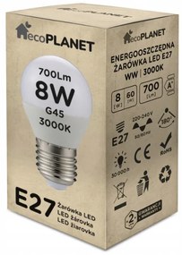 LED žiarovka E27 - G45 - 8W - 700lm - teplá biela