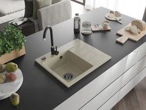 Mexen Ben, 1-komorový granitový drez 600x500x190 mm, ľavý + čierny sifón, béžová, 6522605000-69-B