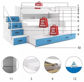 MAX 3 - Poschodová posteľ (rozšírená) s prístelkou - 200x120cm - Biely - Modrý