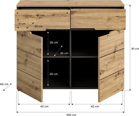 Komoda so zásuvkami Cano, 100 cm, šedá/dub artisan