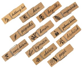 Štipce drevené 7 cm na korenie s popisom, sada 12 ks