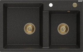 Mexen Tomas, granitový drez 800x500x190 mm, 2-komorový, čierna-zlatá metalíza so zlatým sifónom, 6516802000-75-G