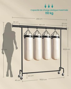 Stojan na oblečenie na kolieskach, extra dlhý, prenosný, čierny