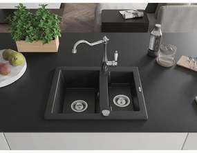 Mexen Carlos, granitový drez 582x475x177 mm, 1,5-komorový a drezová batéria Carla, čierna, 6518-77-670700-00