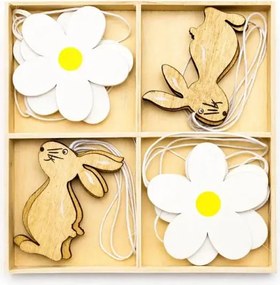 DECOLED Veľkonočná drevená dekorácia 6 cm, kvetina a zajac, balenie 12 kusov