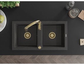 Mexen Mario, 2-komorový granitový drez 820x436x161 mm a drezová batéria Savita, čierna škvrtnitá, 6504-76-672601-50