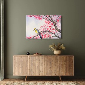 Obraz - Vtáčik na strome s červenými kvetmi (90x60 cm)