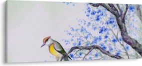 Obraz - Vtáčik na strome s modrými kvetmi (120x50 cm)