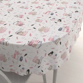 Biante Detský bavlnený oválny obrus Sandra SA-654 Mačací svet ružovo-hnedý na bielom 140x220 cm