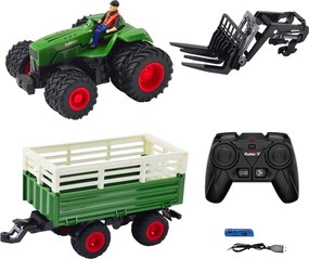 LEAN Toys Poľnohospodársky traktor s prívesom a vidlicami, dvojité kolesá, diaľkovo ovládaný RC