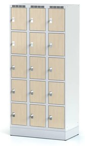 Alfa 3 Šatníková skrinka na sokli s úložnými boxami, 15 boxov 300 mm, laminované dvere buk, cylindrický zámok
