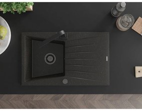 Mexen Cesar, granitový drez 775x470x190 mm, 1-komorový, čierna-zlatá metalíza s čiernym sifónom a čierna drezová batéria Rita, 6514-75-670300-70-B