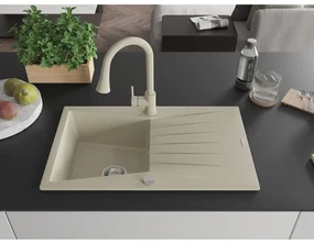 Mexen Cesar, 1-komorový granitový drez 775x470x190 mm a drezová batéria Elia, béžová, 6514-69-670101-69