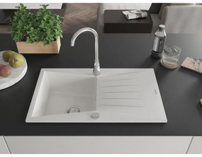 Mexen Cesar, 1-komorový granitový drez s odkvapkávačom 78x47 cm a kuchynskou batériou Telma, biela, 6514-20-670200-00