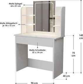 Biely toaletný stolík Zoey s LED zrkadlom a úložnými policam