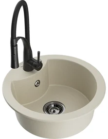 Mexen Diego, 1-komorový granitový drez 488x488x167 mm a drezová batéria Aster, béžová, 6512-69-73450-70-B