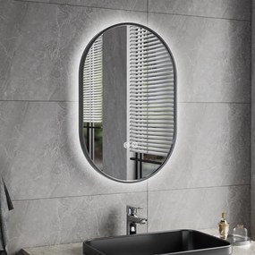 Erga Freya, oválne LED zrkadlo 40x60cm v čiernom kovovom ráme, 3 farby svetla, zadné osvetlenie, vyhrievacia podložka proti zapareniu, ERG-V01-FREYA-4060-BK