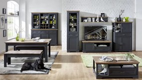 Vysoká vitrína Jasmin, grafit/dub, s osvetlením