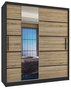 Šatníková skriňa 133 cm Belini čierny mat / dub sonoma s posuvnými dverami zrkadlom a zásuvkami MBP SZP6/1/B/DS/0/KLP
