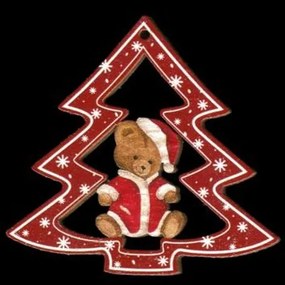 AMADEA Drevená ozdoba farebná stromček s medvedíkom 6 cm