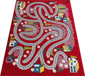 DY Červený detský koberec s motívom mesta Color Kids 02 Rozmer: 100x150 cm