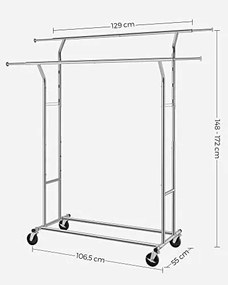 Kovový stojan na oblečenie, rozťahovateľný, strieborný, 160x129x55cm