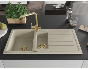 Mexen Andres, granitový drez 1000x500x200 mm, 1,5-komorový + zlatá batéria Duero, béžová, 6515-69-671600-50