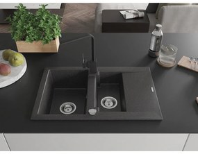 Mexen Gaspar, granitový drez 737x475x177 mm, 1,5-komorový a čierna batéria Rita, čierna škvrnitá, 6507-76-670300-70