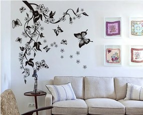Veselá stena Samolepka na stenu na stenu Čierne kvety s motýľmi